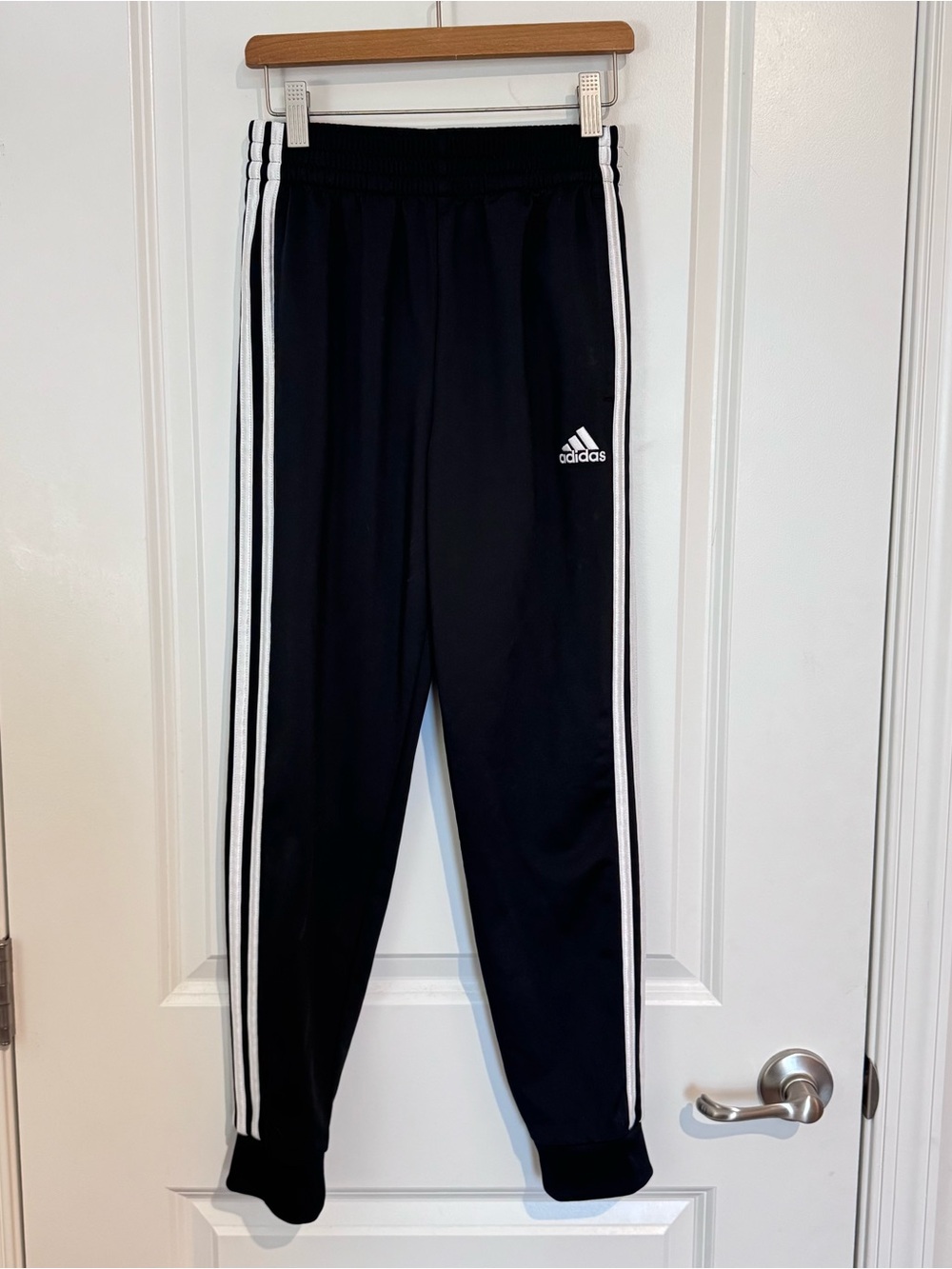 Adidas Boys Track Pants Size M (10/12) Black White 3 Stripe Cuffed Jogger